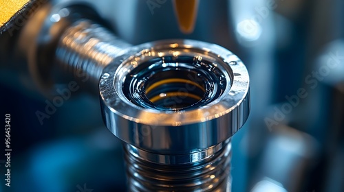 Close up macro photography of a water filter housing being tightened focusing on the threads and O ring seal photo