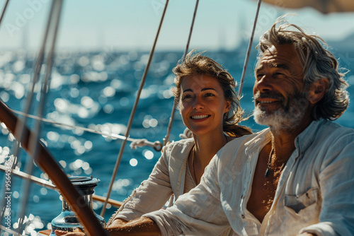 On a sunny summer day, a mature couple enjoys a wide-angle view of sparkling ocean as they bond on their luxurious sailing yacht, basking in freedom and relaxation of their retirement travel, with smi photo