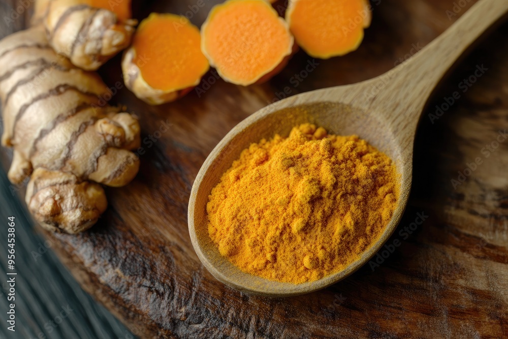 Turmeric powder in a wooden spoon. Perfect for cooking, spice, or ingredient shots. Turmeric powder in a wooden spoon. Perfect for cooking, spice, or ingredient shots.