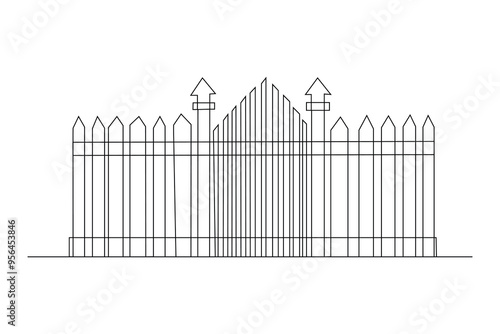 Hand-drawn wood fence line art drawing. Vector illustration