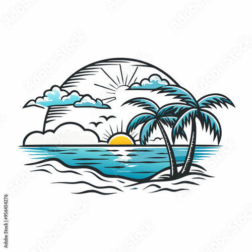 Tropical sunset illustration with palm trees and ocean waves in vibrant colors