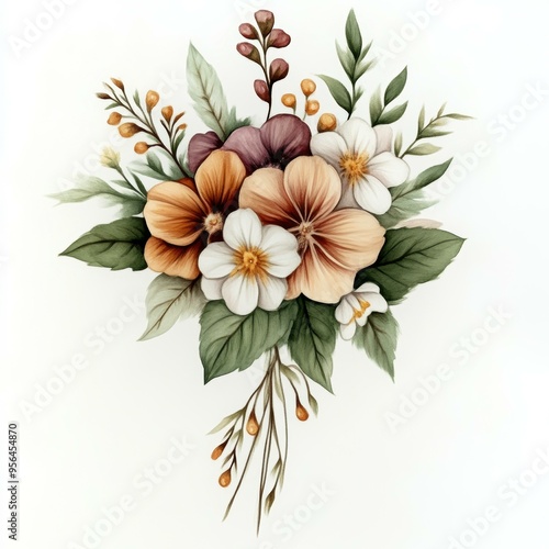 A beautifully detailed watercolor bouquet featuring assorted flowers and leaves in shades of peach, white, violet, and green, perfect for spring-themed designs, invitations