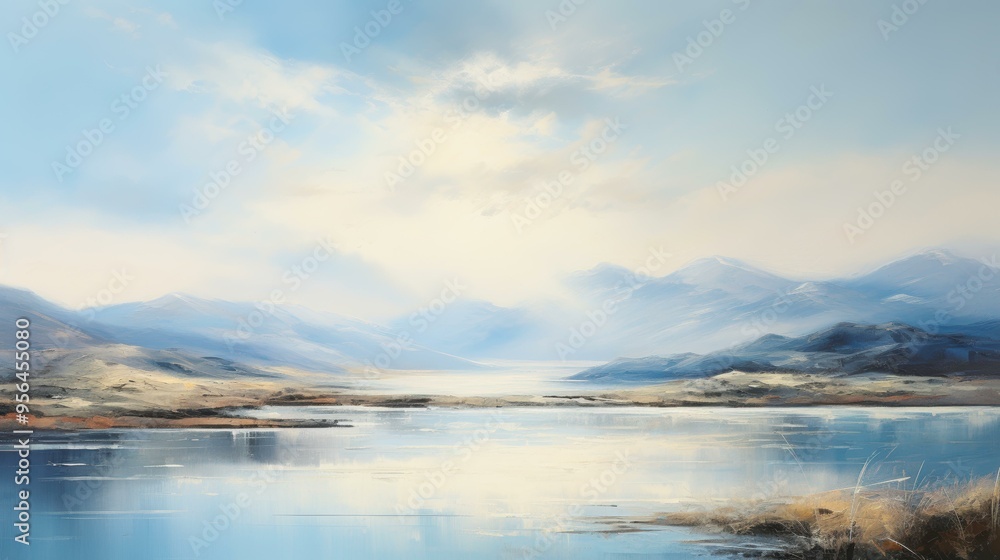 A serene lake reflects a tranquil sky, surrounded by misty mountains ideal for meditation, relaxation, and nature-related content, A serene lake reflects a tranquil sky, surrounded by misty mountains ideal for meditation, relaxation, and nature-related content,