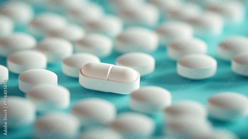 White tablets arranged on a blue surface highlighting one prominent pill White tablets arranged on a blue surface highlighting one prominent pill