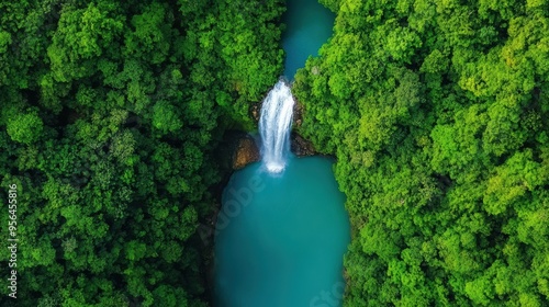 Aerial a cascading waterfall plunging into a deep pool surrounded by lush tropical vegetation, a powerful and mesmerizing natural spectacle