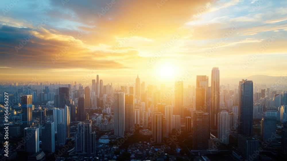 Aerial a cityscape during the golden hour, with warm sunlight bathing the buildings and casting a soft glow over the entire scene Aerial a cityscape during the golden hour, with warm sunlight bathing the buildings and casting a soft glow over the entire scene
