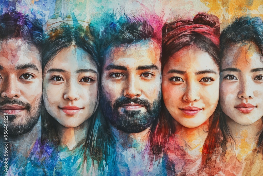 Diverse Group People. Vibrant Watercolor Style. Blending of Cultures Ethnicities. Close-up Shot Showing Diversity and Inclusion. Diverse Group People. Vibrant Watercolor Style. Blending of Cultures Ethnicities. Close-up Shot Showing Diversity and Inclusion.