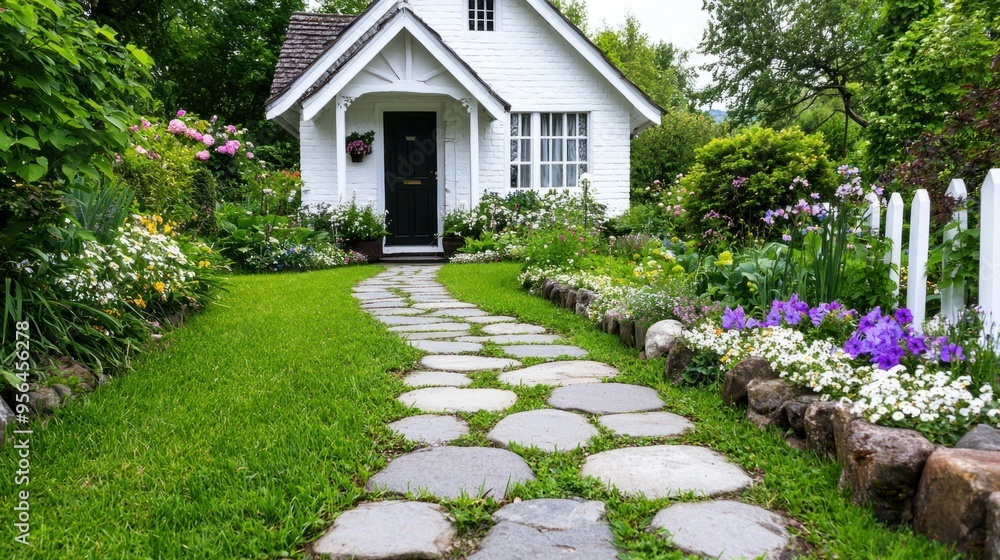 Obraz premium Enchanting Quintessential English Cottage Garden Blossoming with Vibrant Floral Beauty