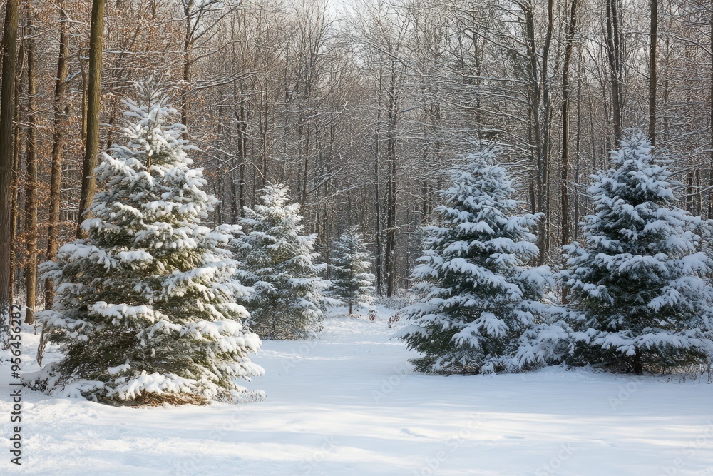 Fototapeta premium A serene winter landscape with snow-covered trees in a tranquil forest setting.