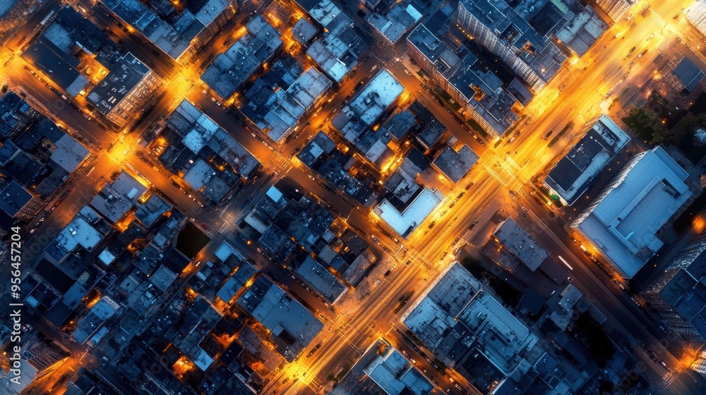 Fototapeta premium Aerial a dense urban neighborhood at dusk, with rows of houses and small businesses tightly packed together, showcasing the heart of the city