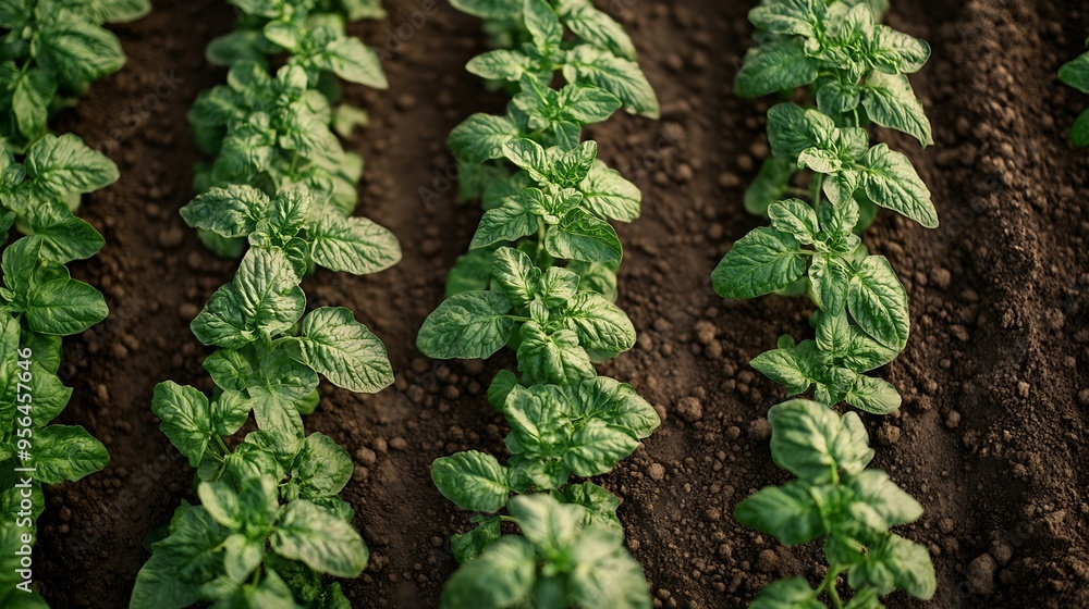 Tomato plantation in stripes irrigated by drop aerial view flyover : Generative AI Tomato plantation in stripes irrigated by drop aerial view flyover : Generative AI