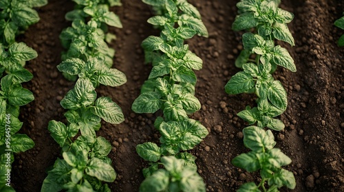 Tomato plantation in stripes irrigated by drop aerial view flyover : Generative AI