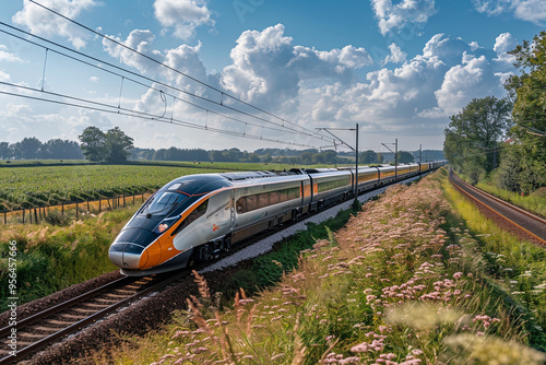 In a wide-angle view of a sunny day, ultra-fast modern train speeds through picturesque countryside, its sleek design and powerful engine symbolizing progress and efficiency, as it races towards its d photo