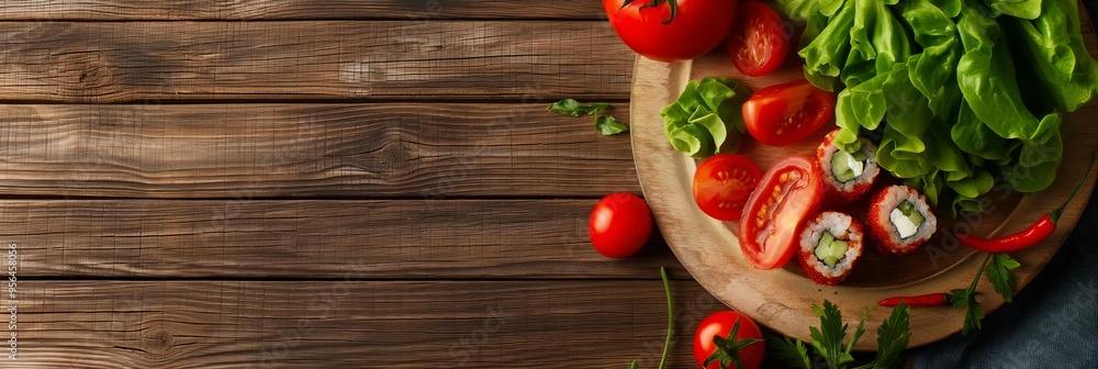 A plate filled with fresh vegetables, including tomatoes and lettuce, placed atop a rustic wooden table, depicted in vibrant and appetizing colors, evoking health and freshness.