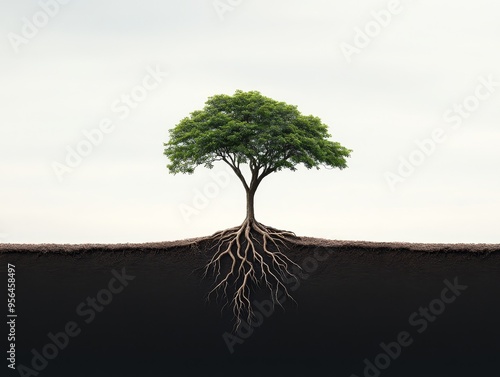 Wallpaper Mural A solitary tree with deep roots, symbolizing strength, growth, and resilience against the backdrop of a serene landscape. Torontodigital.ca