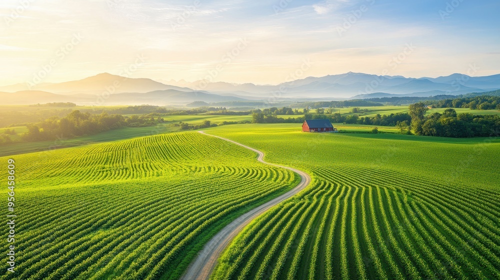 Fototapeta premium Aerial a peaceful farm landscape with neat rows of crops, a winding dirt road, and a traditional red barn in the distance, all bathed in the warm light of late afternoon