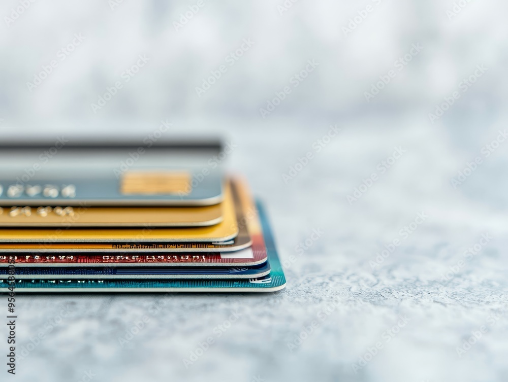 A stack of credit cards on a white surface. The cards are various colors and have a shallow depth of field. A stack of credit cards on a white surface. The cards are various colors and have a shallow depth of field.
