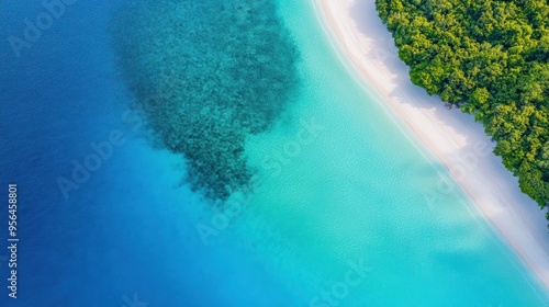 Aerial a pristine ocean coastline with crystal-clear turquoise waters lapping against white sandy beaches and a coral reef visible beneath the surface