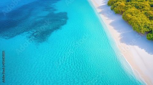 Aerial a pristine ocean coastline with crystal-clear turquoise waters lapping against white sandy beaches and a coral reef visible beneath the surface