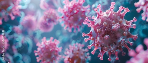 Digital 3D rendering shows pink coronavirus particles on a blue and purplish background, related to COVID-19.