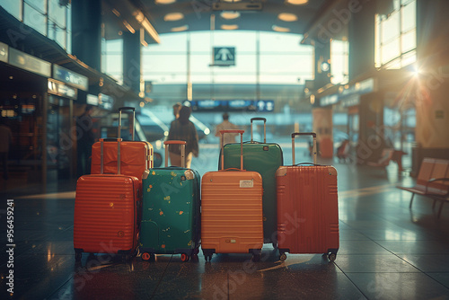 A panoramic view captures vibrant energy of a polyamorous family, their suitcases packed and ready, at airport on a sunny summer morning, filled with excitement and anticipation as they embark on a ne