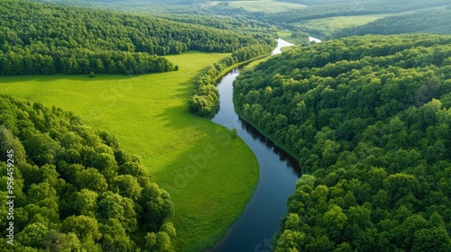 Aerial a serene forested landscape with a winding river cutting through, highlighting the natural beauty and untouched wilderness
