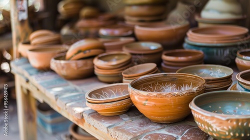 Wallpaper Mural On a wooden table various brown pottery items are displayed: bowls in the foreground, plates in the middle, vases in the upper corner. Torontodigital.ca