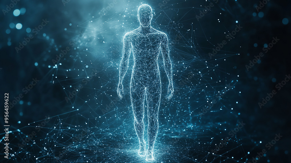 Wireframe human figure standing against blue digital background. Generative AI Wireframe human figure standing against blue digital background. Generative AI