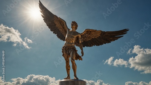 A statue of Icarus standing in the sky, with wings still covered in unmelted wax, with the sunlit blue sky as the backdrop. photo