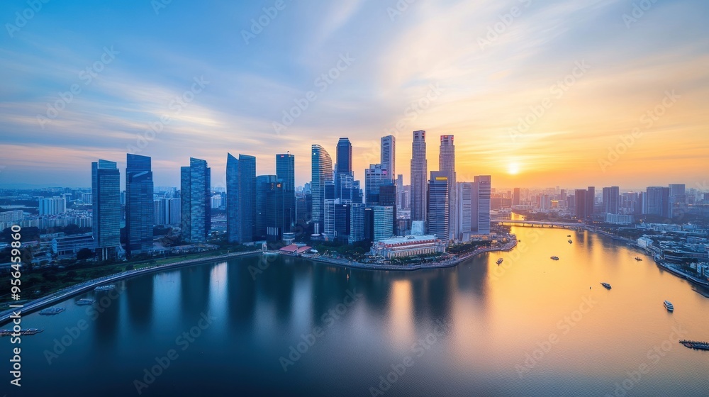 Aerial a skyline framed by a river or bay, with reflections of the buildings shimmering in the water and boats making their way across the scene Aerial a skyline framed by a river or bay, with reflections of the buildings shimmering in the water and boats making their way across the scene