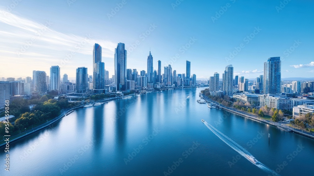 Naklejka premium Aerial a skyline framed by a river or bay, with reflections of the buildings shimmering in the water and boats making their way across the scene