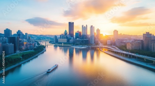 Aerial a skyline framed by a river or bay, with reflections of the buildings shimmering in the water and boats making their way across the scene