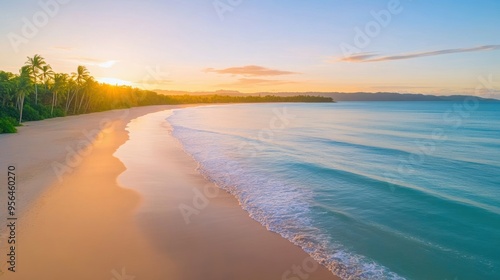 Aerial a tranquil beach at sunrise with gentle waves washing over the shore and palm trees lining the edge of the sand