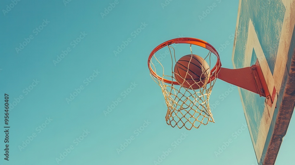 Basketball Hoop with Ball Against Clear Blue Sky on Sunny Day - Sports and Outdoor Activity Concept Basketball Hoop with Ball Against Clear Blue Sky on Sunny Day - Sports and Outdoor Activity Concept