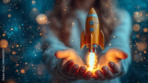 A woman’s hand launching a space rocket symbolizes innovation in Business. Ideal for tech startups, space exploration events, or motivational themes, with copy space.