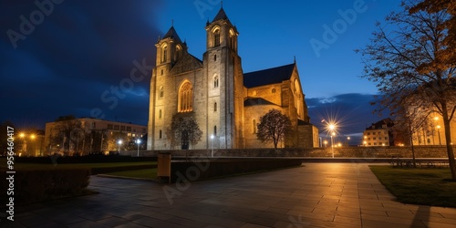 A majestic stone cathedral is beautifully illuminated under the evening sky. The scene captures the architectural brilliance and serene atmosphere of a timeless, historical landmark. photo