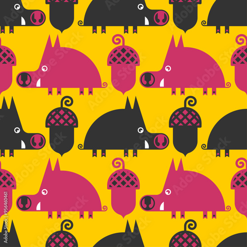 Boar pattern seamless. Cute hog and offspring background. Wild pig texture. Baby fabric texture
