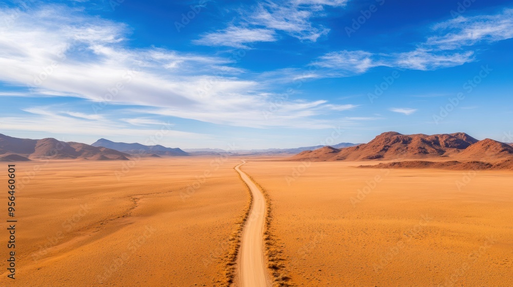 Aerial a vast desert landscape with a solitary road cutting through, illustrating the isolation and expanse of the natural environment Aerial a vast desert landscape with a solitary road cutting through, illustrating the isolation and expanse of the natural environment