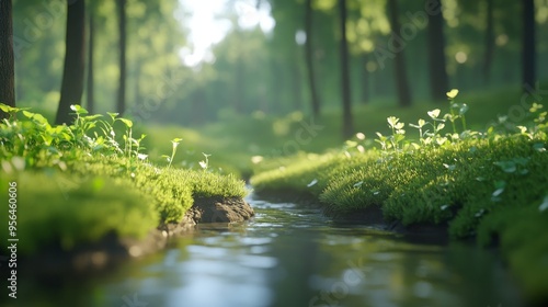 A tranquil stream flows through a lush, green forest. Sunlight filters through the trees, casting dappled shadows on the mossy banks.