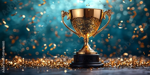 A golden trophy surrounded by streamers, symbolizing business competition and success, perfect for awards events, celebrations, and business recognition campaigns.
