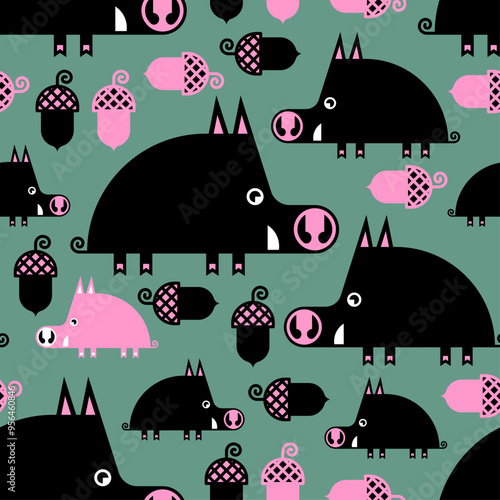 Boar pattern seamless. Cute hog and offspring background. Wild pig texture. Baby fabric texture