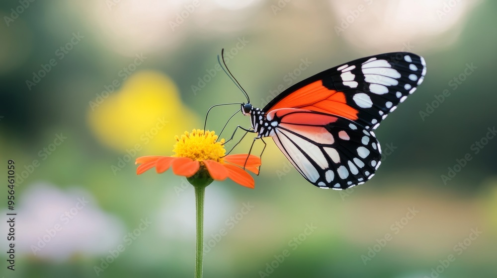 A vibrant butterfly with black, white, and orange wings rests on a bright orange flower. The background is a blurred green and yellow. A vibrant butterfly with black, white, and orange wings rests on a bright orange flower. The background is a blurred green and yellow.