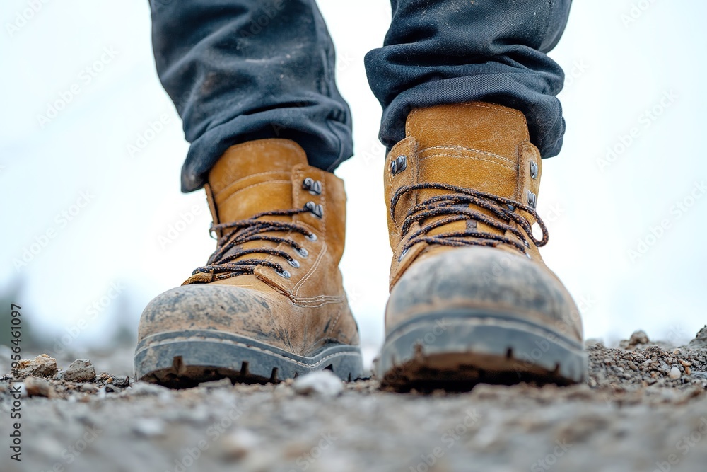 Dusty work boots on gravel ground, adventure concept. Dusty work boots on gravel ground, adventure concept.