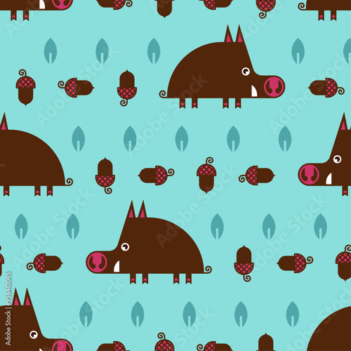 Boar pattern seamless. Cute hog and offspring background. Wild pig texture. Baby fabric texture
