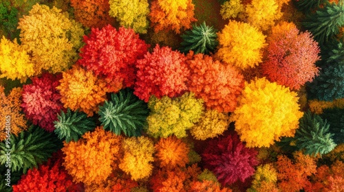 Aerial a vibrant autumn forest with trees displaying a mix of red, orange, and yellow leaves, forming a colorful mosaic from above