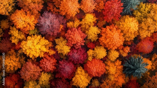 Aerial a vibrant autumn forest with trees displaying a mix of red, orange, and yellow leaves, forming a colorful mosaic from above