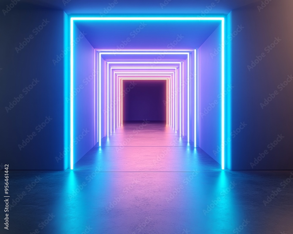 Fototapeta premium A vibrant hallway illuminated with neon lights, creating a futuristic atmosphere and inviting depth into the space.