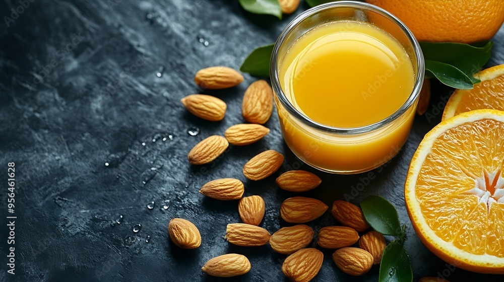 Healthy food Fruits almonds orange juice Fitness Flat top view : Generative AI Healthy food Fruits almonds orange juice Fitness Flat top view : Generative AI