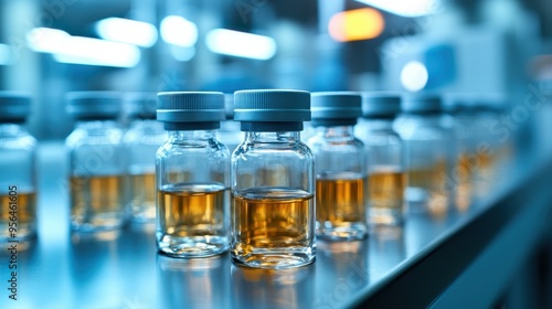 Close-Up of Pharmaceutical Vials on Production Line in Modern Laboratory