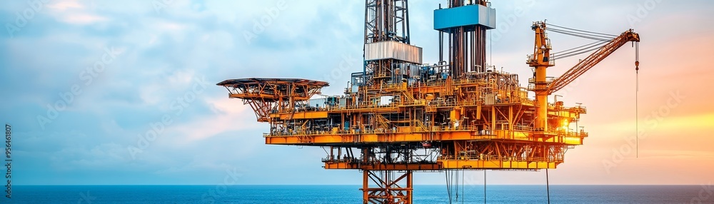 A vibrant offshore oil rig illuminated by sunset, showcasing industrial activity and maritime design against a dramatic sky. A vibrant offshore oil rig illuminated by sunset, showcasing industrial activity and maritime design against a dramatic sky.
